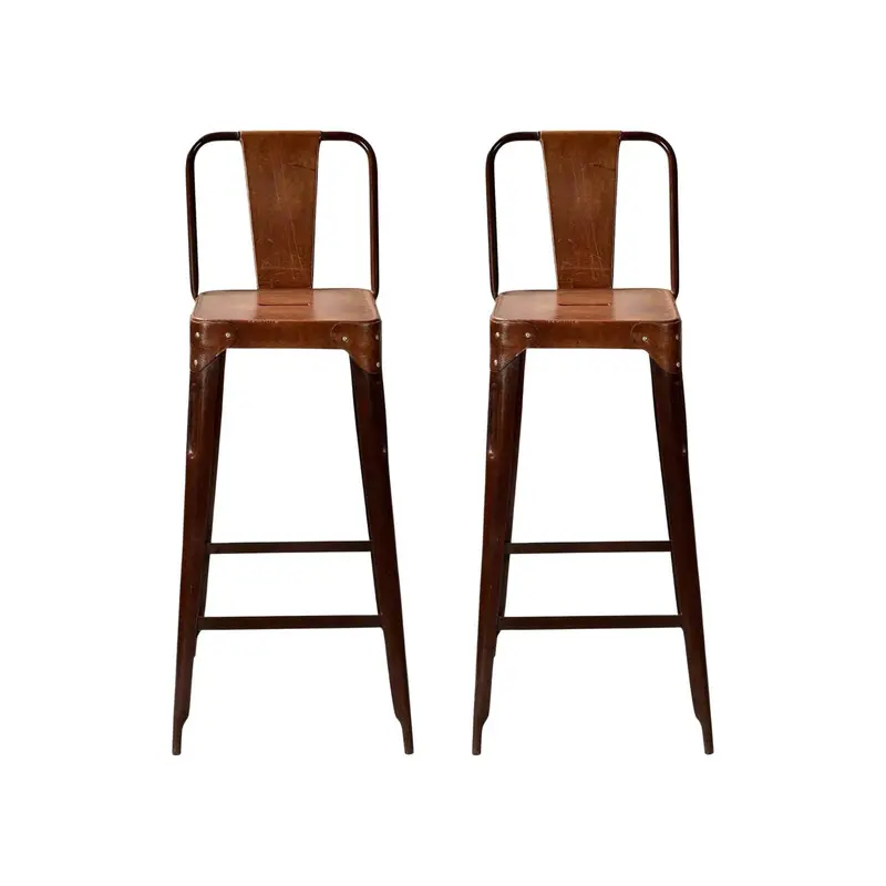 2er-Set Barhocker Copenhagen aus Eisen mit Ledersitz- Braun