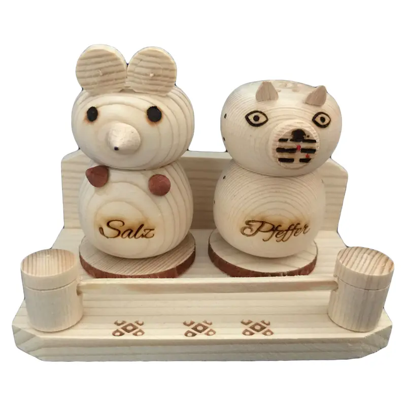 3er Set Salzstreuer Katzen- und Mausmotiv aus Holz mit Gravur Nr. 009.128