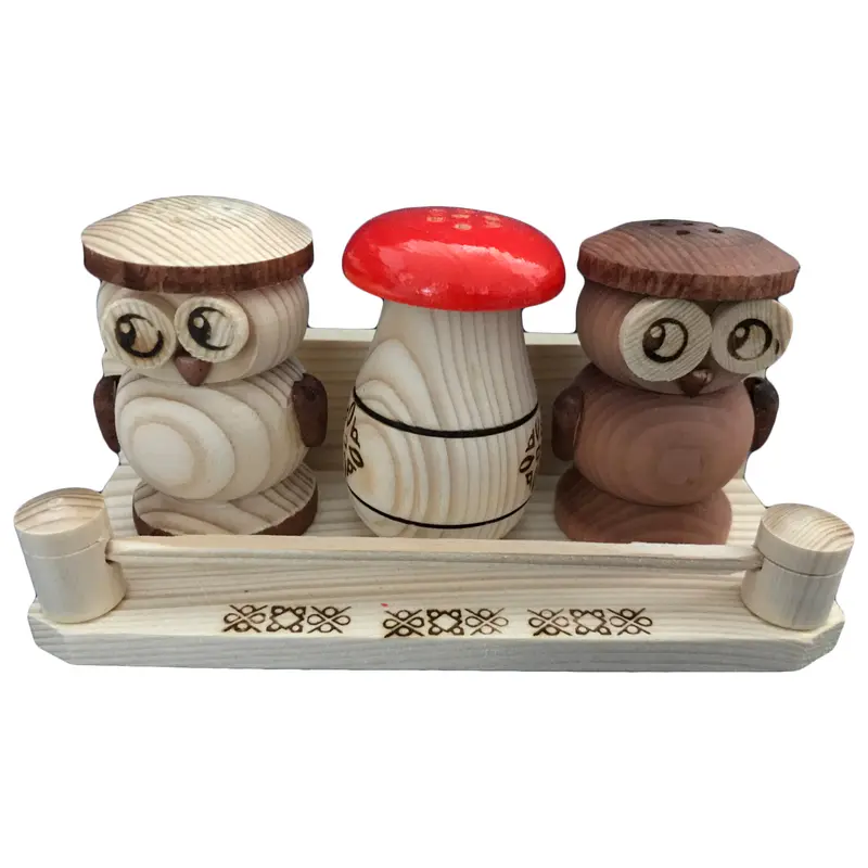 4er Set Salzstreuer mit Eulen-, und Pilzmotiv aus Holz Nr. 009.122