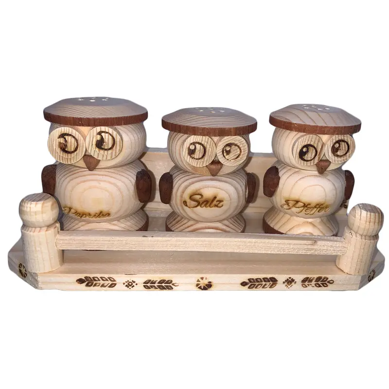 4er Set Salzstreuer mit Eulenmotiv aus Holz und Gravur Nr. 009.125