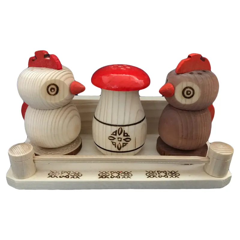 4er Set Salzstreuer mit Hahn-, und Pilzmotiv aus Holz Nr. 009.124