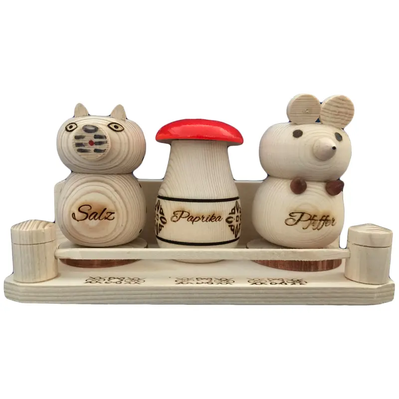 4er Set Salzstreuer mit Katzen-, Pilz-, und Mausmotiv aus Holz und Gravur Nr. 009.133