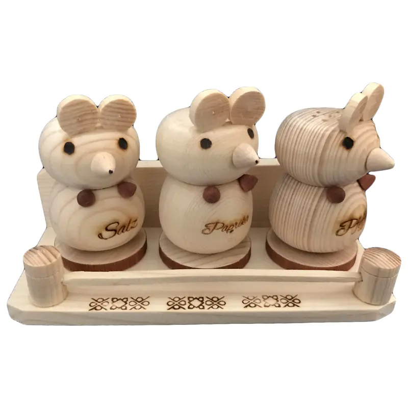 4er Set Salzstreuer mit Mausmotiv aus Holz und Gravur Nr. 009.129