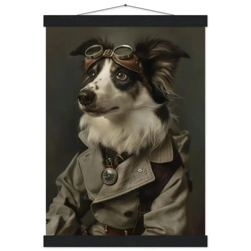 Acrylbild - Norwegischer Lundehund, Steampunk Outfit, sandfarbener Mantel, bronzene Taschenuhr, Kupferbrille | St Tropez Art