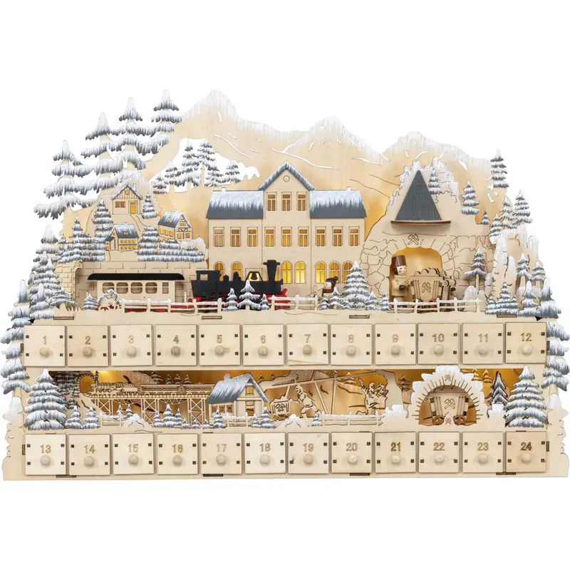 Adventskalender mit LED-Beleuchtung "Bahnhof am Bergwerk", natur, 58 cm