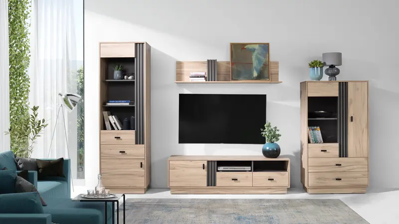 ALLMO System Wohnzimmer Set – 4 Teile – Sonoma Eiche - Moderne Wohnwand Kombination