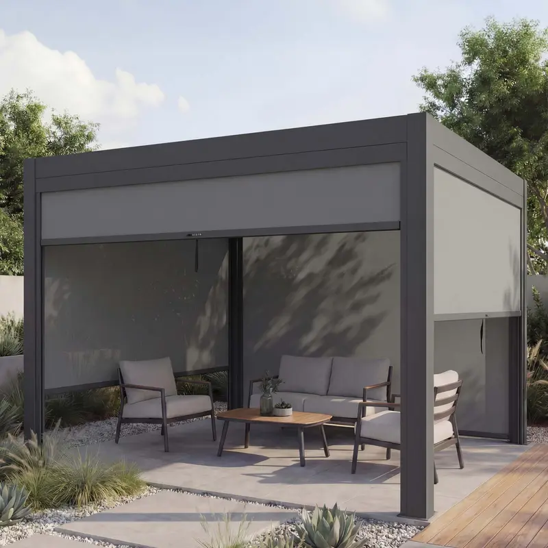 Alu Pergola 3x3m Anthrazit | Lamellendach & Seitenwand | Sturmfest