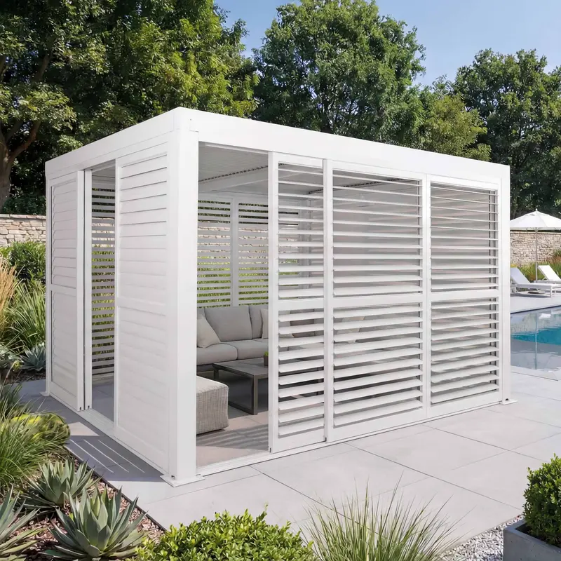 Alu Pergola 3x3m Weiß mit 6 Schiebetüren & 6 Lamellenpaneelen | Pavillon Terrassenüberdachung wetterfest