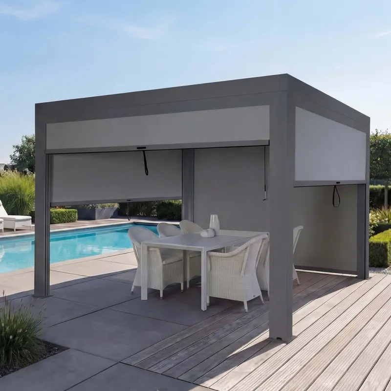 Alu Pergola 3x4m mit Seitenwänden Anthrazit – Wetterfester Gartenpavillon mit Lamellendach & Kurbelantrieb