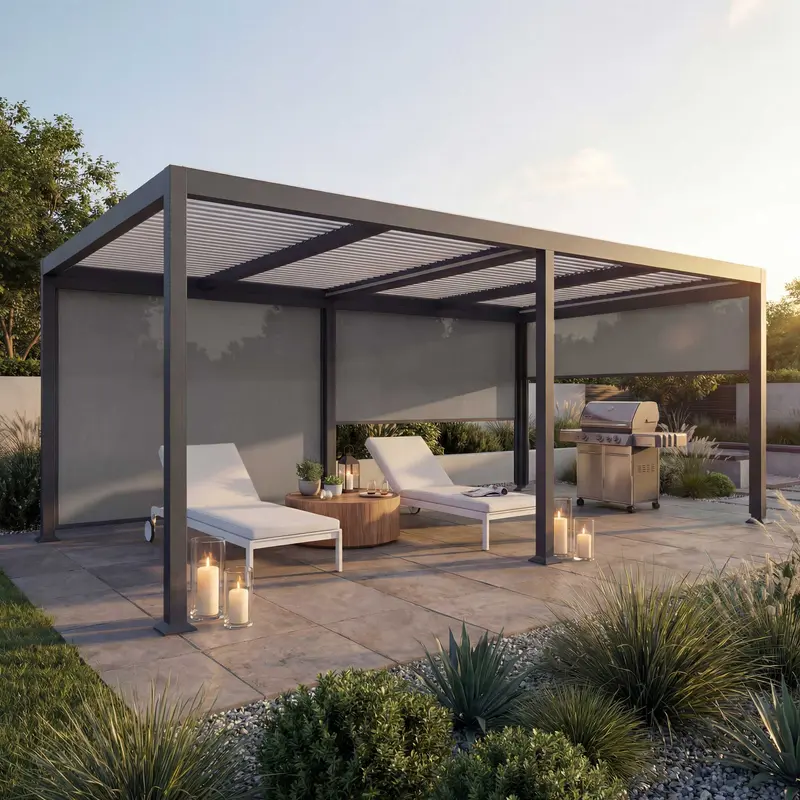 Alu-Pergola mit 3x Seitenwand, Lamellen-Pavillon, stabiles 8cm-Metall-Gestell 3x6m, Anthrazit
