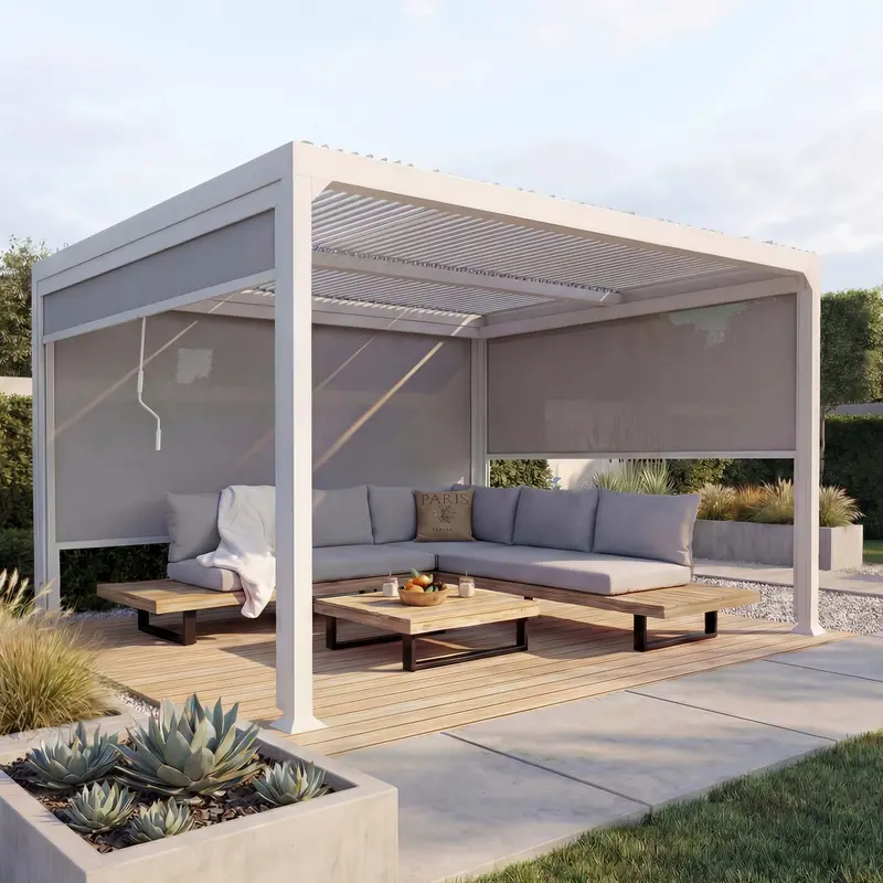 Aluminium Pergola 3x3,7m mit Lamellendach und 3 Seitenwänden - Weiß