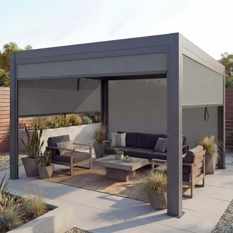 Aluminium Pergola 3x4m Anthrazit mit Lamellendach & 4x Seitenwand-Rollos | Wasserdicht & Sturmfest