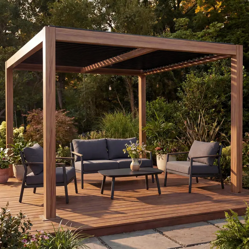 Aluminium Pergola 3x4m Braun Holz-Optik - Pavillon mit Lamellendach & Regenrinne