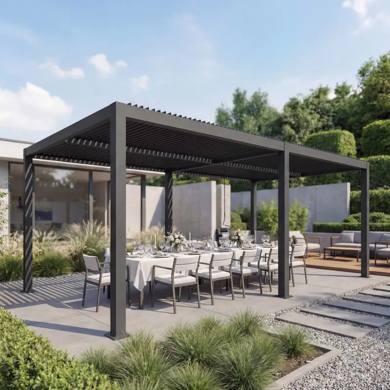 Aluminium Pergola 3x6m Grau Anthrazit – Lamellendach & Regenrinne – Gartenpavillon Sturmfest