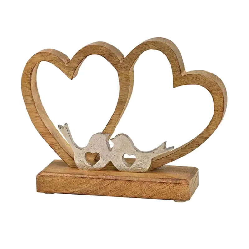 Aufsteller Holzherzen mit silbernen Vögelchen 20cm