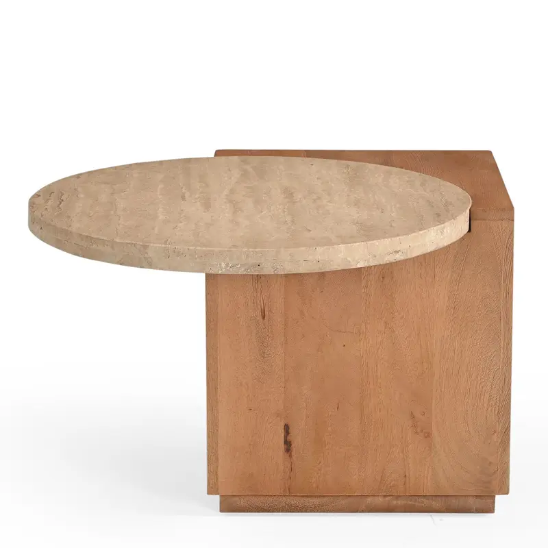 Beistelltisch – Mangoholz Gestell, Travertin Platte, Runde Form – Numa | Starfurn