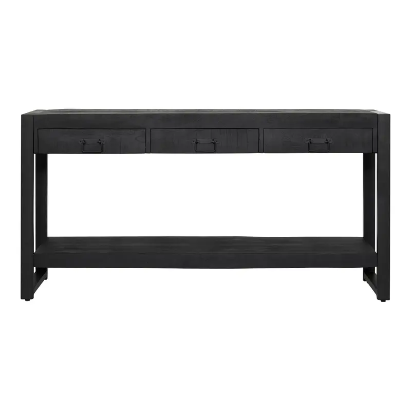 Beistelltisch - Mangoholz Schwarz, Drei Schubladen, Schwarzes Gestell, 150 cm – Boaz | Starfurn