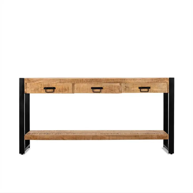 Beistelltisch – Mangoholz Tischplatte, Schwarzes Stahlgestell, Natürliche Oberfläche, 150 cm - Britt | Benoa