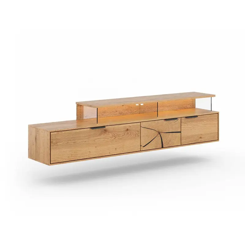 Beleuchtete Hängekommode aus massiver Eiche mit Hirnholz | TV-Board Tirano III mit Schaukasten und grober Holzstruktur