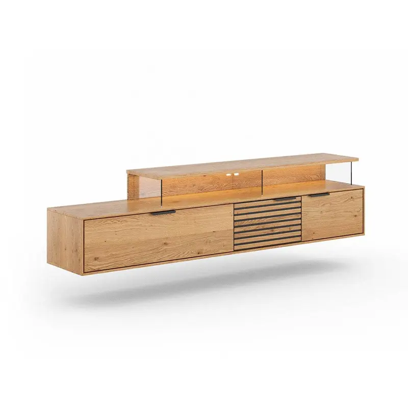 Beleuchtete Hängekommode aus massiver Eiche mit Lamellen | TV-Board Tirano II mit Schaukasten und grober Holzstruktur