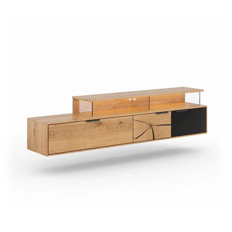 Beleuchtete Hängekommode aus massiver Eiche und Glas | TV-Board Tirano IV mit Schaukasten und grober Holzstruktur