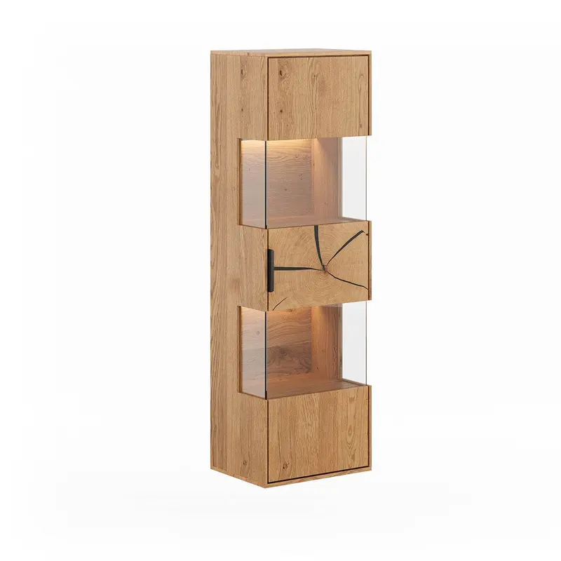Beleuchtete Hängevitrine aus massiver Eiche mit Hirnholz | Vitrine Tirano III mit Rückwand in grober Holzstruktur