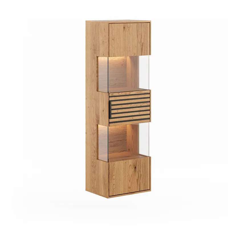 Beleuchtete Hängevitrine aus massiver Eiche mit Lamellen | Vitrine Tirano II mit Rückwand in grober Holzstruktur