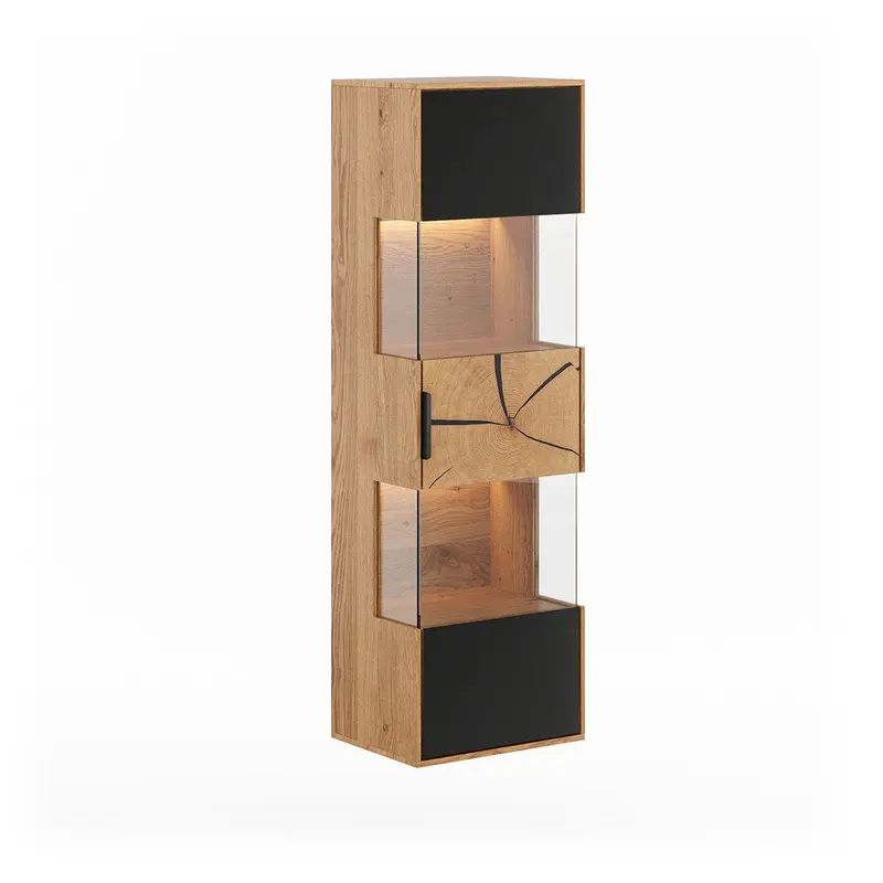 Beleuchtete Hängevitrine aus massiver Eiche und Glas | Vitrine Tirano IV mit Rückwand in grober Holzstruktur