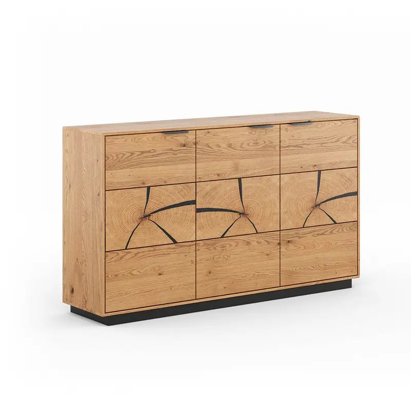Beleuchtetes Sideboard aus massiver Eiche mit Hirnholz | Kommode Tirano III mit Rückwand in grober Holzstruktur