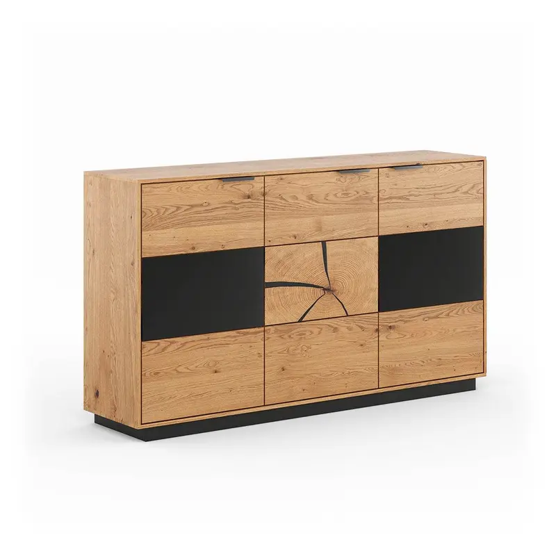 Beleuchtetes Sideboard aus massiver Eiche und Glas | Kommode Tirano IV mit Rückwand in grober Holzstruktur