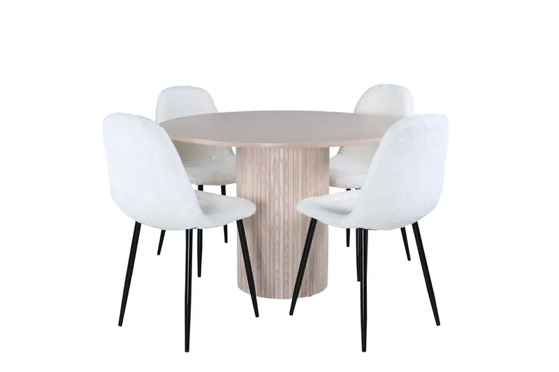 Bianca rundes 5 teiliges Essgruppen Set mit Esstisch Ø 110 cm in heller Holzoptik und 4 weißen Esszimmerstühlen