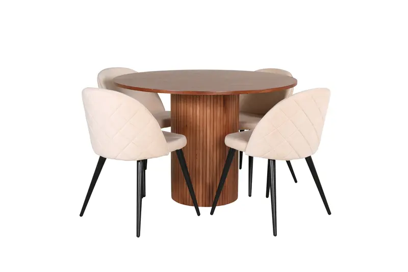 Bianca rundes 5 teiliges Essgruppen Set mit Esstisch Ø 110 cm und 4 beigen Esszimmerstühlen beigen mit Steppoptik