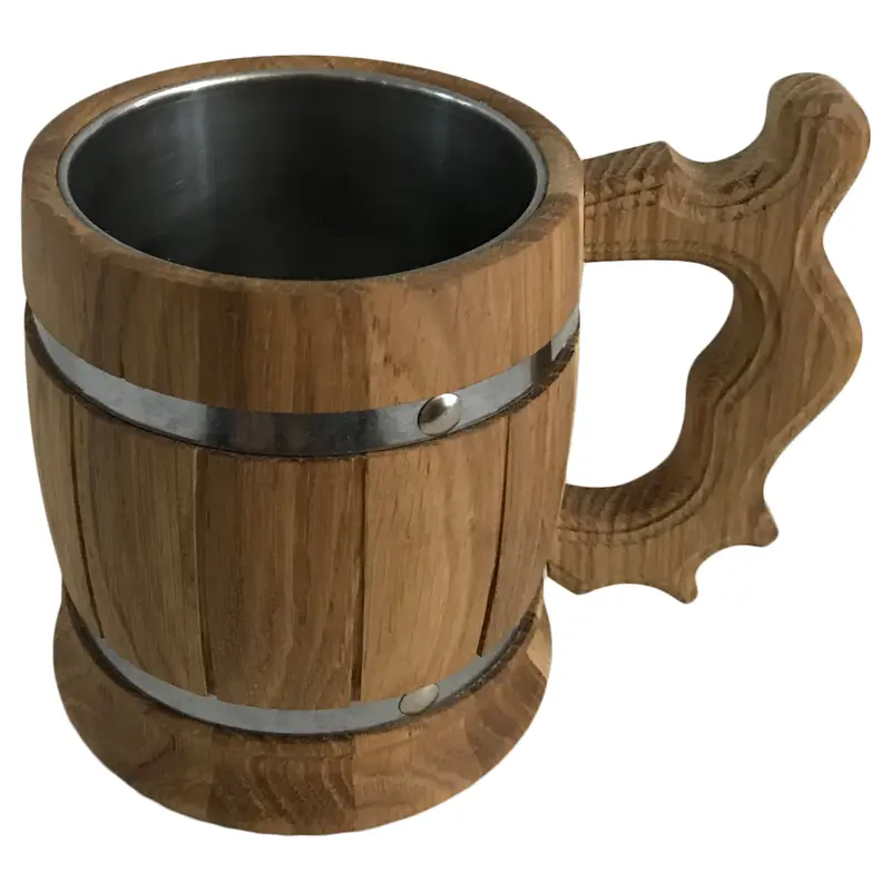 Bierkrug aus Holz, Nr. 009.001 Eiche geölt, mit Metallringen, 0,5 ltr.
