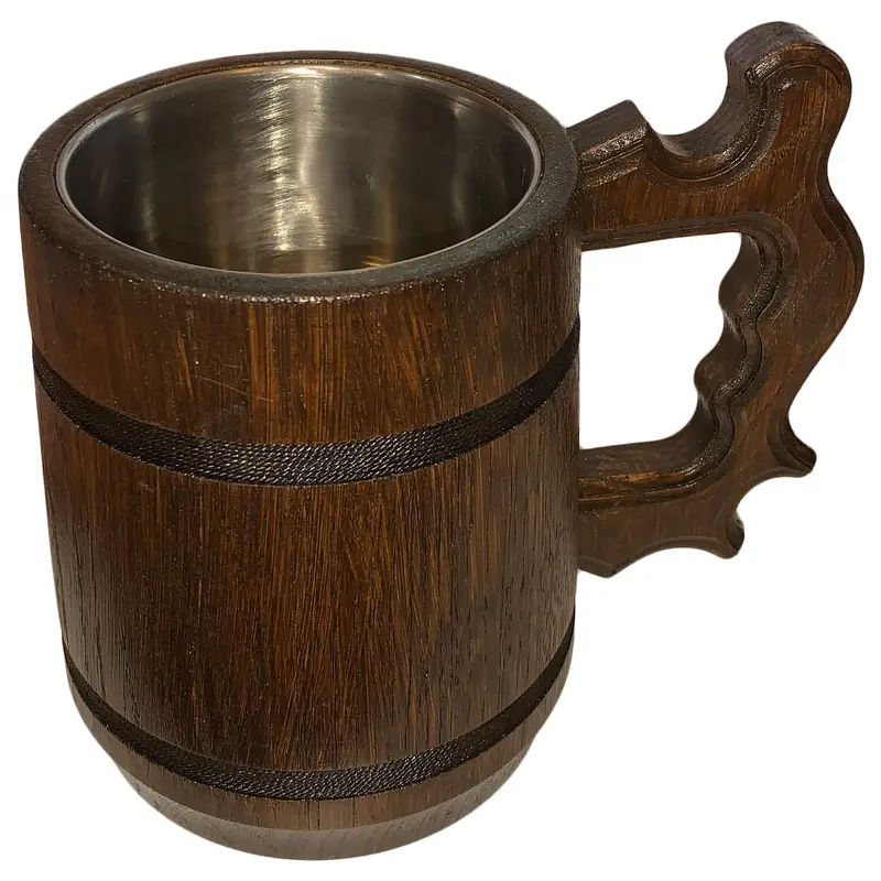 Bierkrug aus Holz, Nr. 009.165 Eiche dunkel lackiert, Griff rustikal, 0,5 Liter
