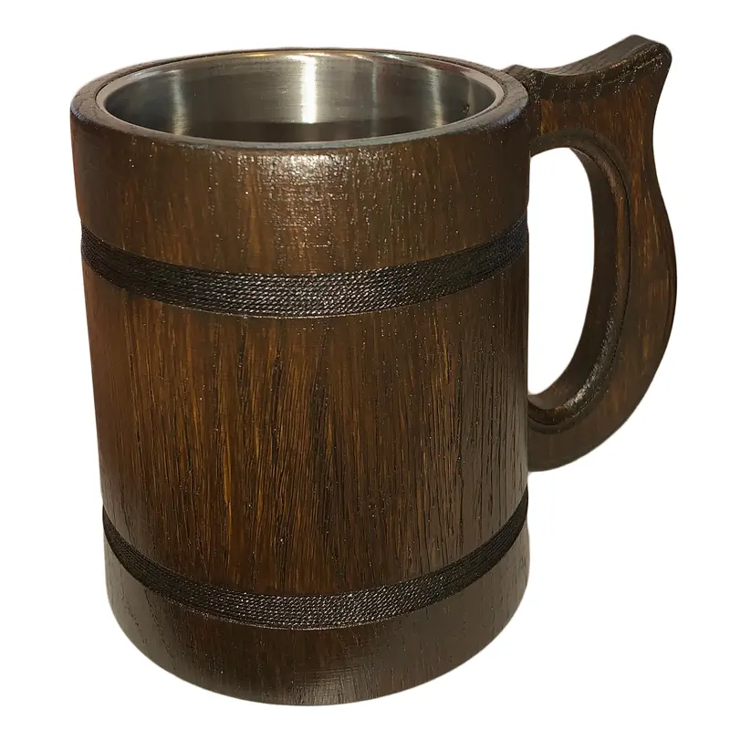 Bierkrug aus Holz, Nr. 009.166 Eiche dunkel lackiert, Griff modern, 0,5 Liter
