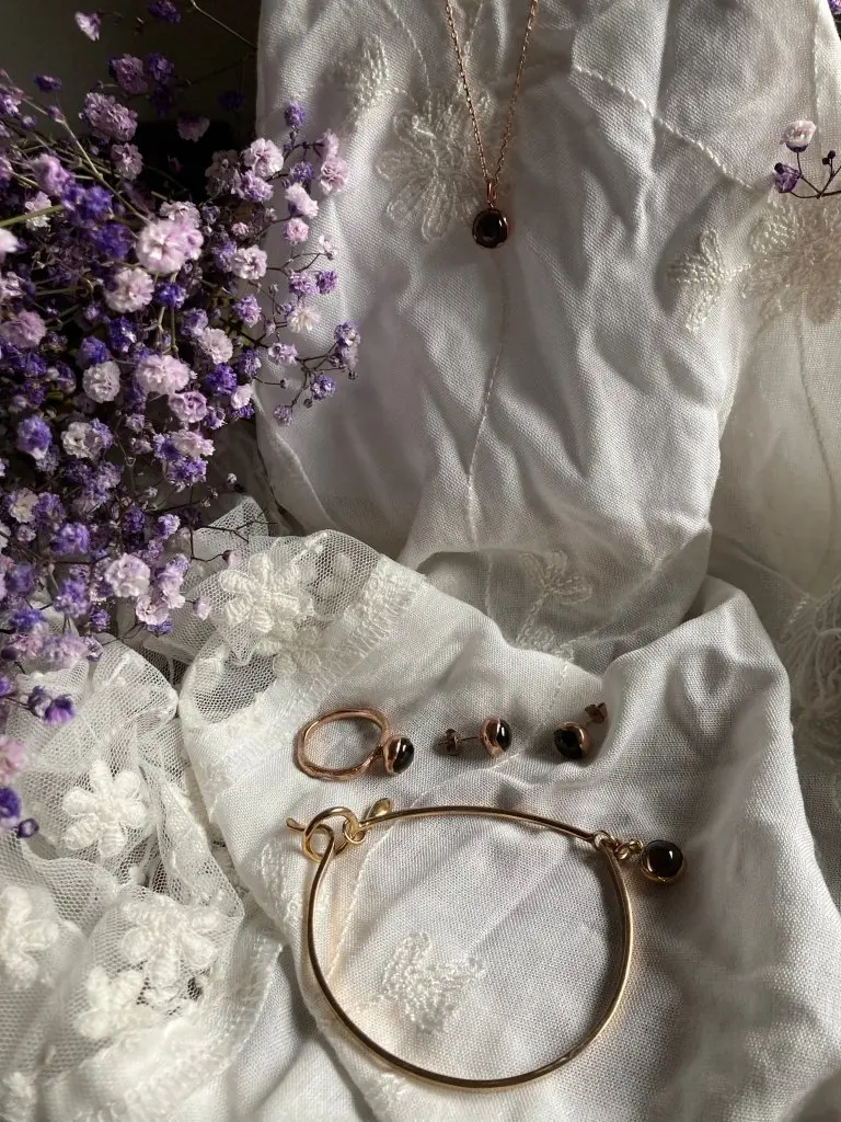 BLOSSOM Silberschmuck im Set Large - Silber vergoldet mit Rauchquarz