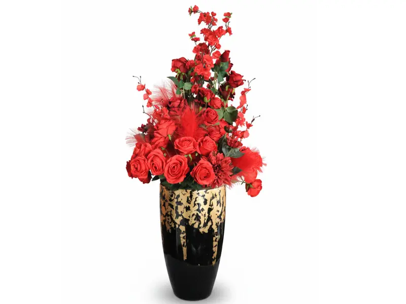 Blumen in Vase Rot/ Schwarz/ Gold