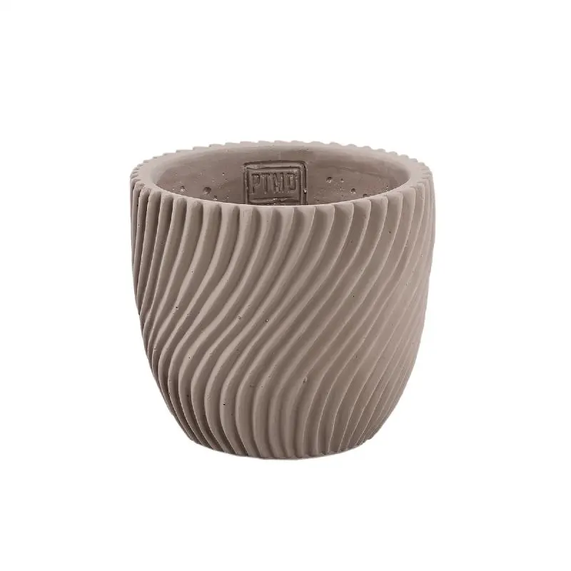 Blumentopf – Runde Form, Linienmuster Design, Beige Oberfläche, Zement Material, M – Lianna | PTMD