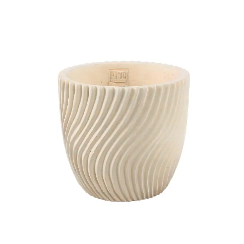 Blumentopf – Runde Form, Linienmuster Design, Creme Oberfläche, Zement Material, L – Lianna | PTMD