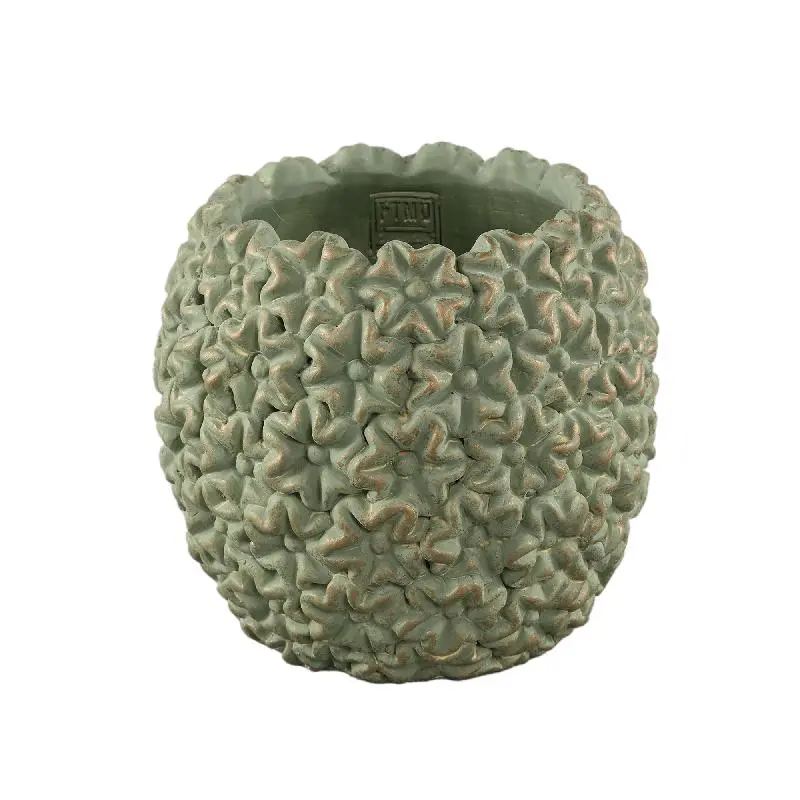 Blumentopf – Runde Form, Zement Material, Blumen Muster, Grüne Oberfläche, L – Salia | PTMD
