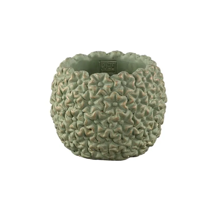 Blumentopf – Runde Form, Zement Material, Blumen Muster, Grüne Oberfläche, M – Salia | PTMD
