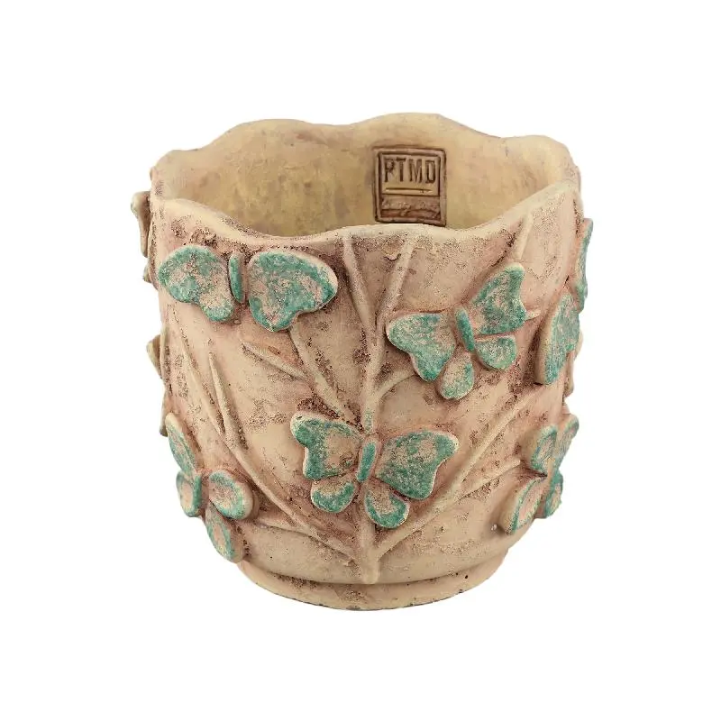 Blumentopf – Runde Form, Zement Material, Schmetterling Muster, Gelbe Oberfläche, L – Sterlin | PTMD