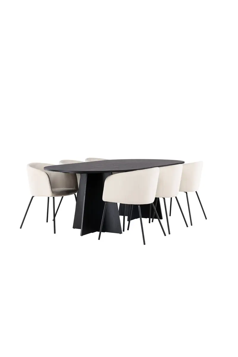 Bootcut rechteckiges Essgruppen Set 7 teilig mit schwarzem Esstisch 230 x 115 cm und 6 beigen Berit Samtstühlen