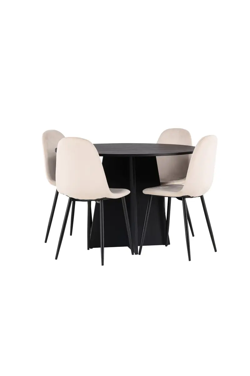 Bootcut rundes Essgruppen Set 5 teilig mit schwarzem rundem Tisch Ø 110 cm und 4 beigen Polar Stühlen