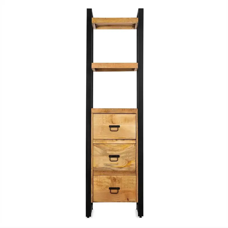 Bücherregal – Mangoholz Oberfläche, Metallgestell, Schubladen Fächer – Britt | Benoa