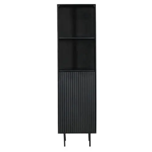Bücherregal - Schwarzes Mangoholz, Vertikale Lamellenfront, Schwarzes Metallgestell, 55 cm – Madison | Starfurn