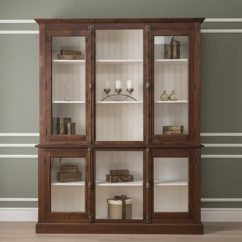 Bücherschrank aus Massivholz im Landhausstil | mit Glastüren und externem Verschluß | Vitrine | 2-teilig
