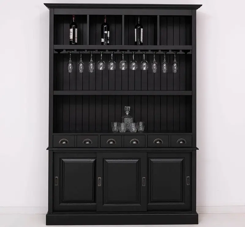 Buffetschrank aus Massivholz mit Glashalterungen in schwarz