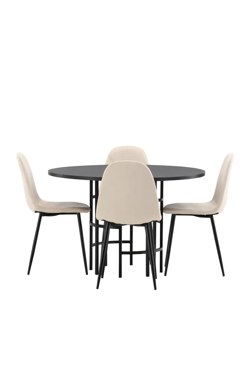Copenhagen Essgruppe 5 teilig mit rundem schwarzem Tisch Ø 115 cm und 4 beigen Polar Stühlen