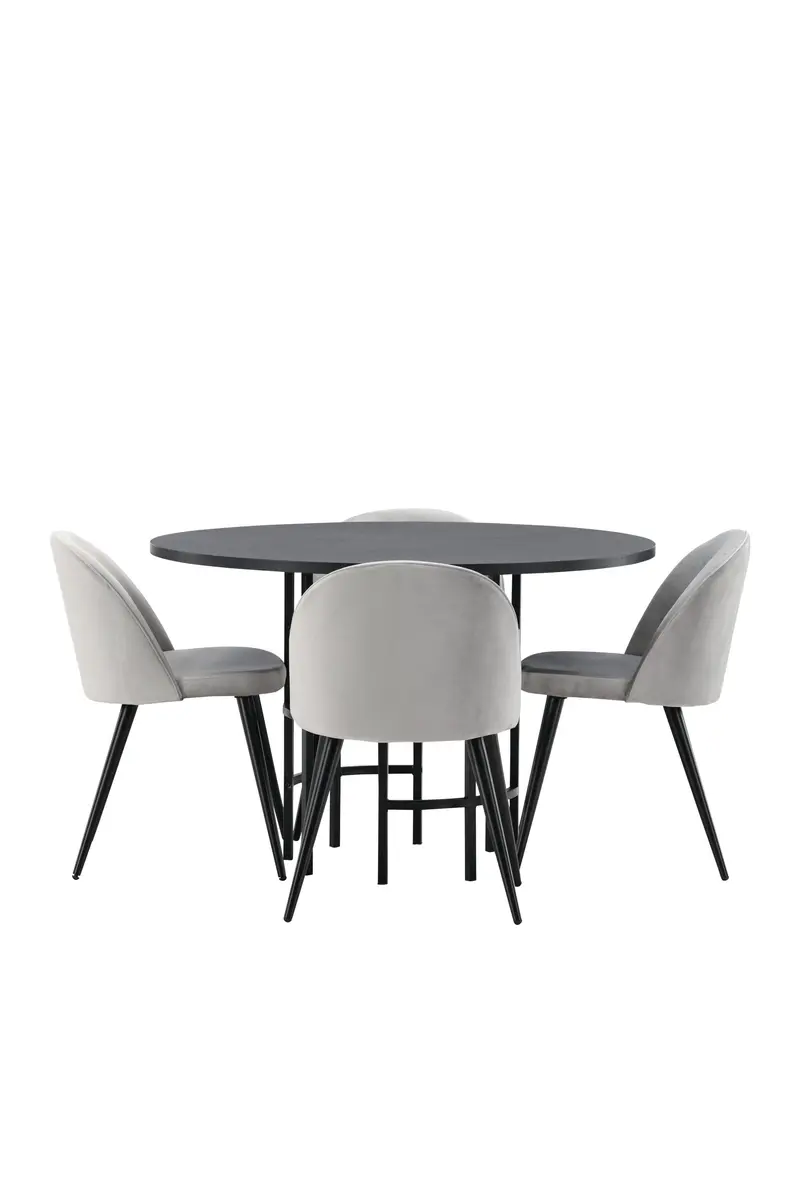 Copenhagen Essgruppe 5 teilig mit rundem schwarzem Tisch Ø 115 cm und 4 hellgrauen Samtstühlen